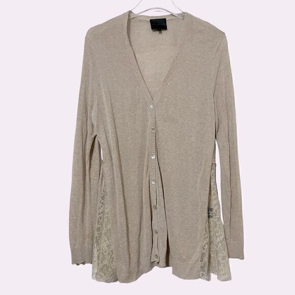 Hotel Particulier Lace-Accented V-Neck Long Cardigan Tan Khaki Color Size Medium - Picture 1 of 7